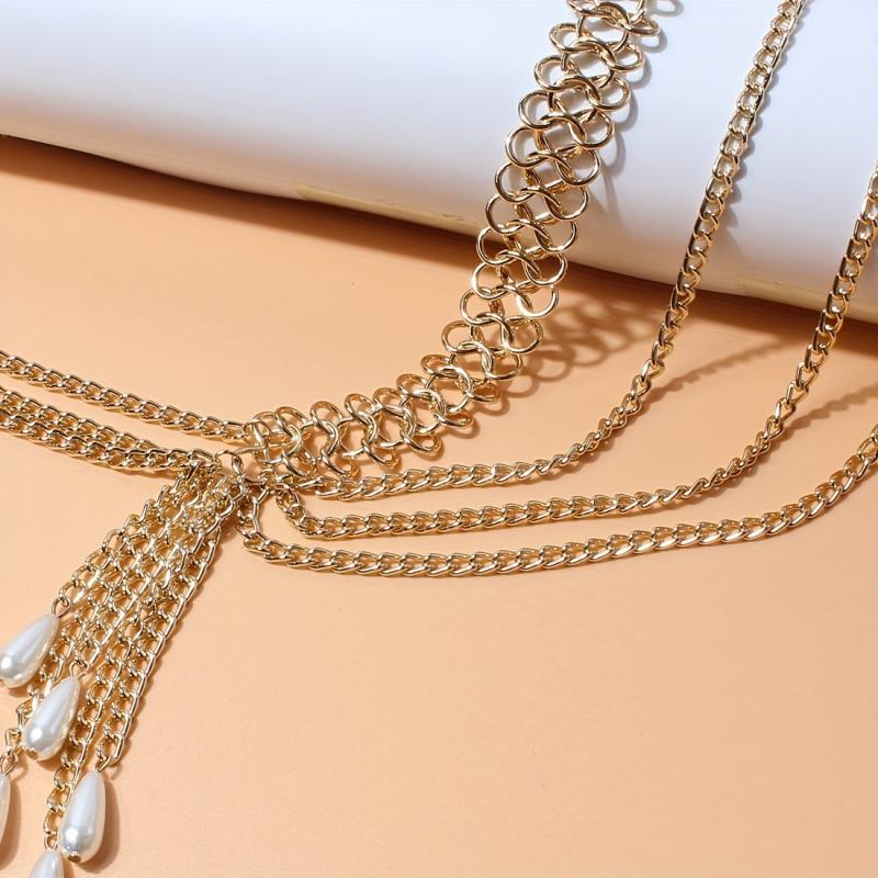 Boho Waist Chain Vintage Geometric Faux Pearl Fringe Belt