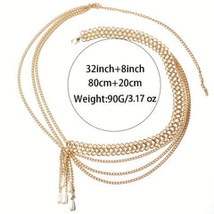 Boho Waist Chain Vintage Geometric Faux Pearl Fringe Belt