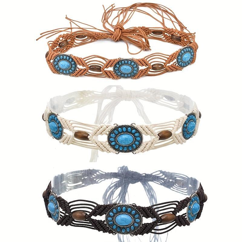 Turquoise Inlaid Braided Belt Boho Hollow Wax Rope Waistband Vintage Dress