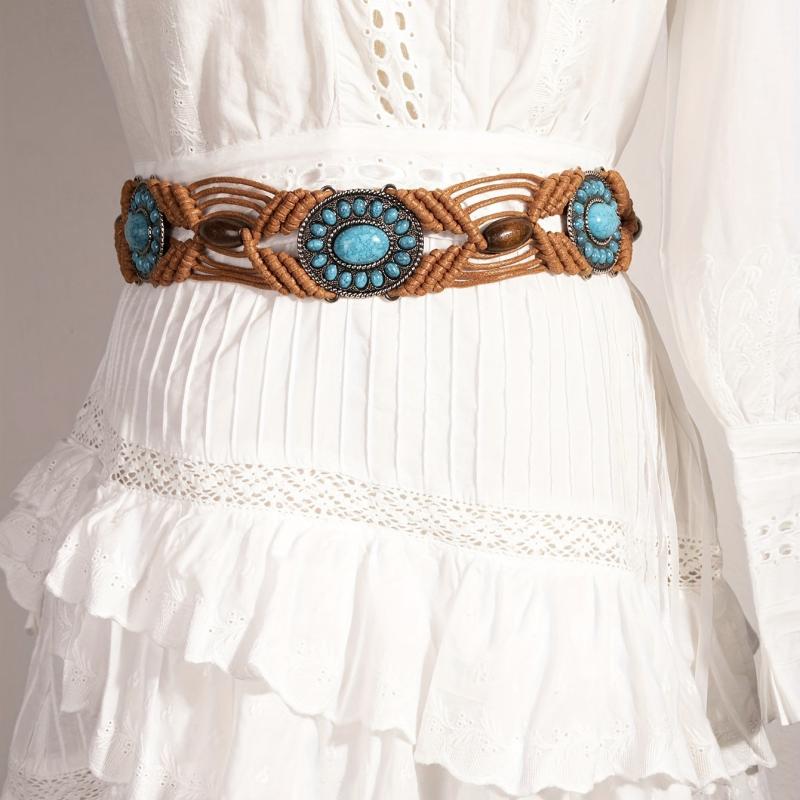 Turquoise Inlaid Braided Belt Boho Hollow Wax Rope Waistband Vintage Dress