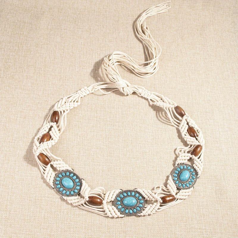 Turquoise Inlaid Braided Belt Boho Hollow Wax Rope Waistband Vintage Dress
