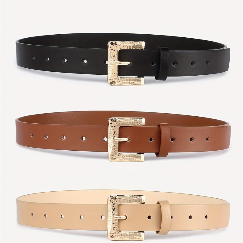3pcs Golden Square Buckle Belt Solid PU Leather Waist Belt