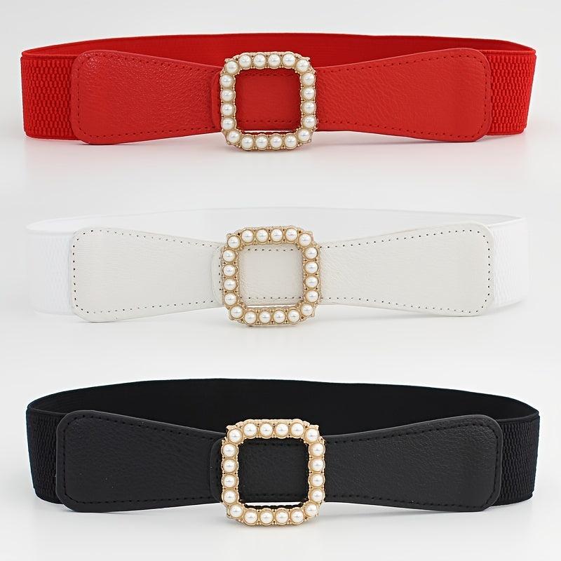 Women's Elastic Belt Square Pearls Buckle Waist Slimming Girdle
