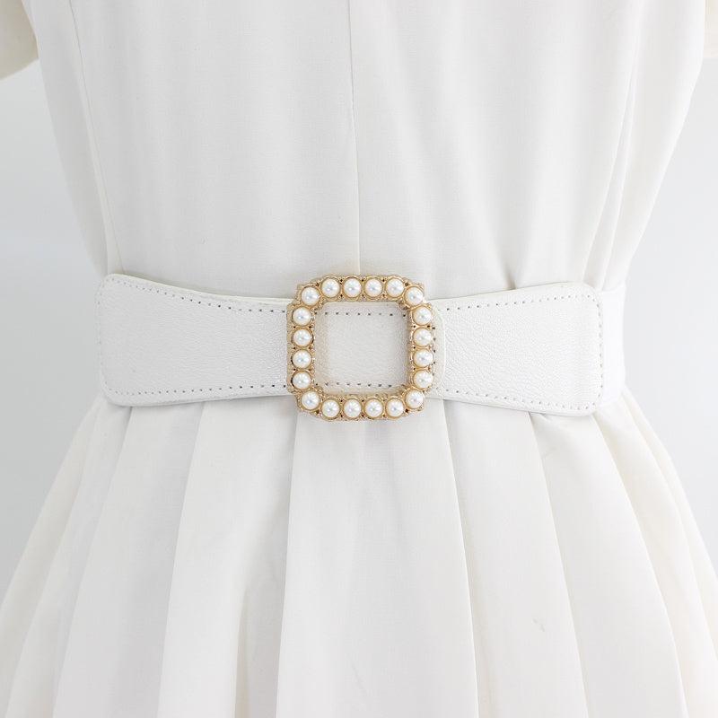 Women's Elastic Belt Square Pearls Buckle Waist Slimming Girdle
