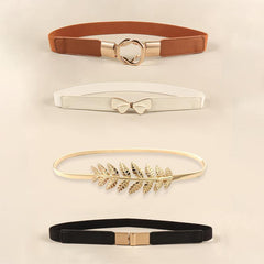 4PCS Brown Leaf and Bow Buckle Belt Set for Women