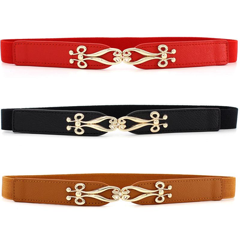 Geometric Flower Buckle Belt Elastic Thin Waistband Vintage Women Coat Belts