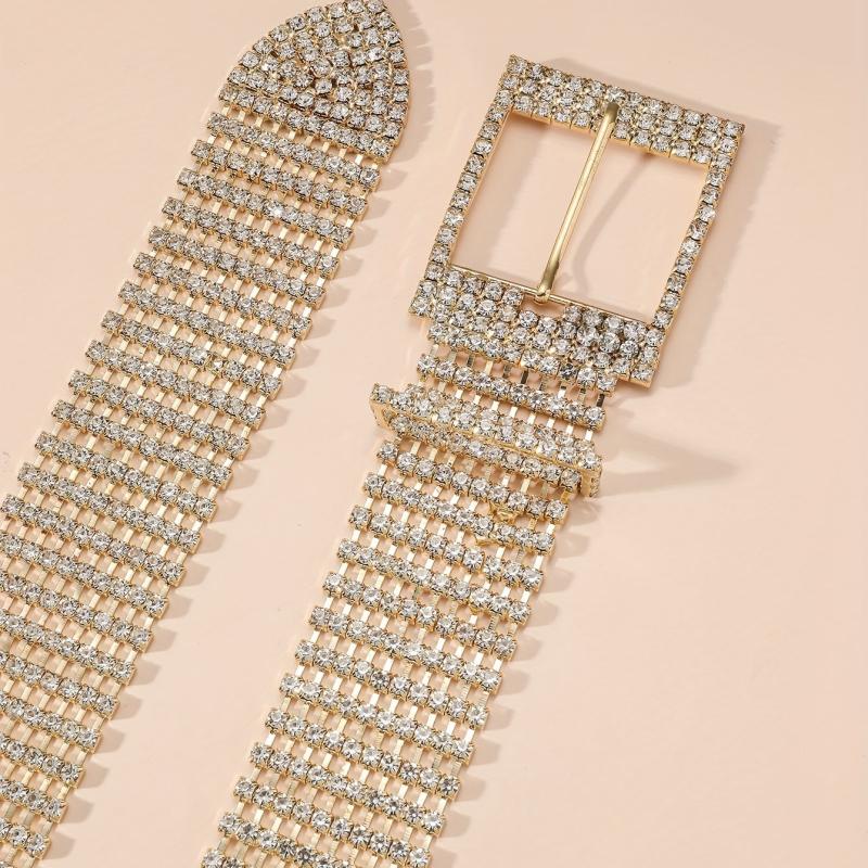 Rhinestone Inlaid Metal Square Buckle Belt Stylish Hollow Out Wide Dress Girdle