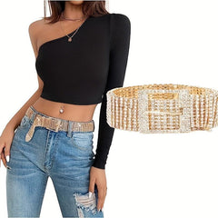 Rhinestone Inlaid Metal Square Buckle Belt Stylish Hollow Out Wide Dress Girdle