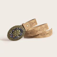 Vintage Turquoise Pattern Round Buckle Embossed Adjustable PU Women's Belt
