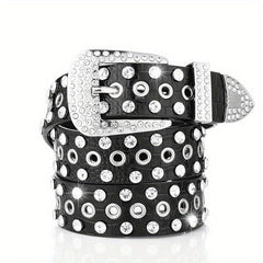 Punk Eyelet PU Belt Leopard Print Rhinestone Inlaid Hip Hop Cowboy Cowgirl Belts
