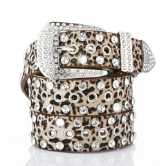 Punk Eyelet PU Belt Leopard Print Rhinestone Inlaid Hip Hop Cowboy Cowgirl Belts