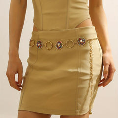 Boho Hollow Out Waist Chain Faux Pearl Rhinestone Decor Belt