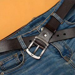 Two story Cowhide Retro Men's Jeans With Antique Leather Casual Tide Belt