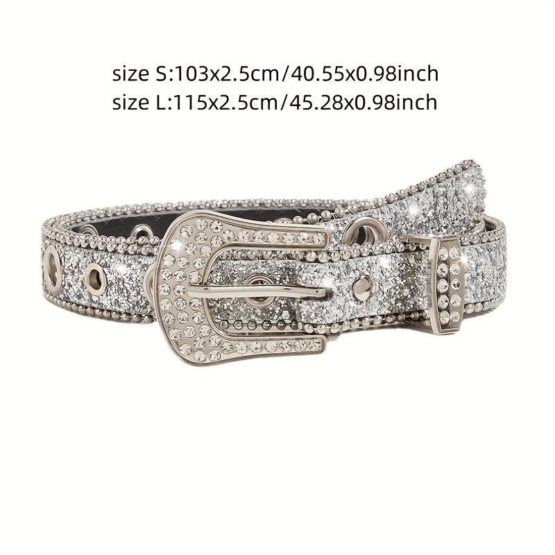 Glitter Rhinestone Belt Eyelet Pin Buckle PU Leather Belt