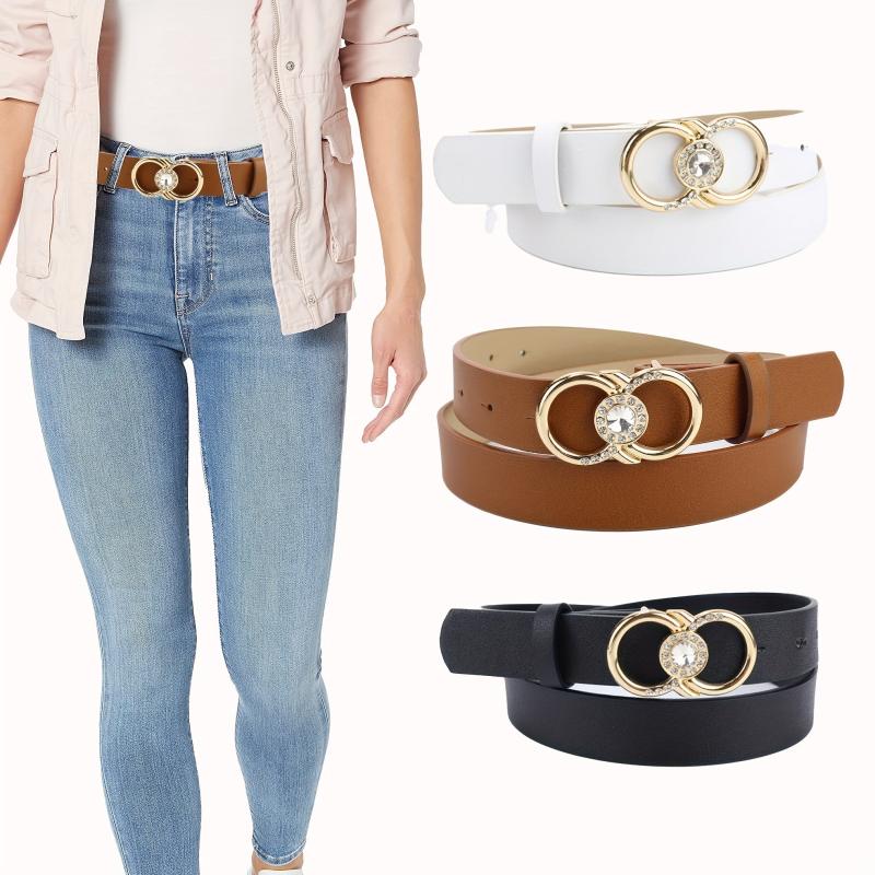 Rhinestone Double Ring Buckle Belt Stylish PU Leather Belt For Women