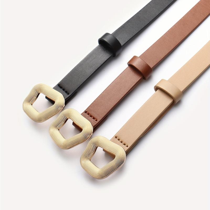 Geometric Thread Buckle Belt 3pcs Set Solid PU Leather Waist Belt