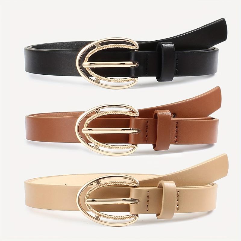 3pcs Hollow Out Oval Buckle Belt PU Leather Waist Belt Casual Jeans Pants Belt