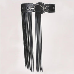 Punk Tassel Skirt PU Belt Rivet Decor Wide Waistband Fringe Girdle