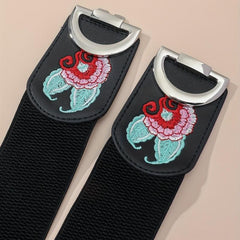 Vintage Flower Embroidery Belt Elastic Wide Waistband Dress Girdle