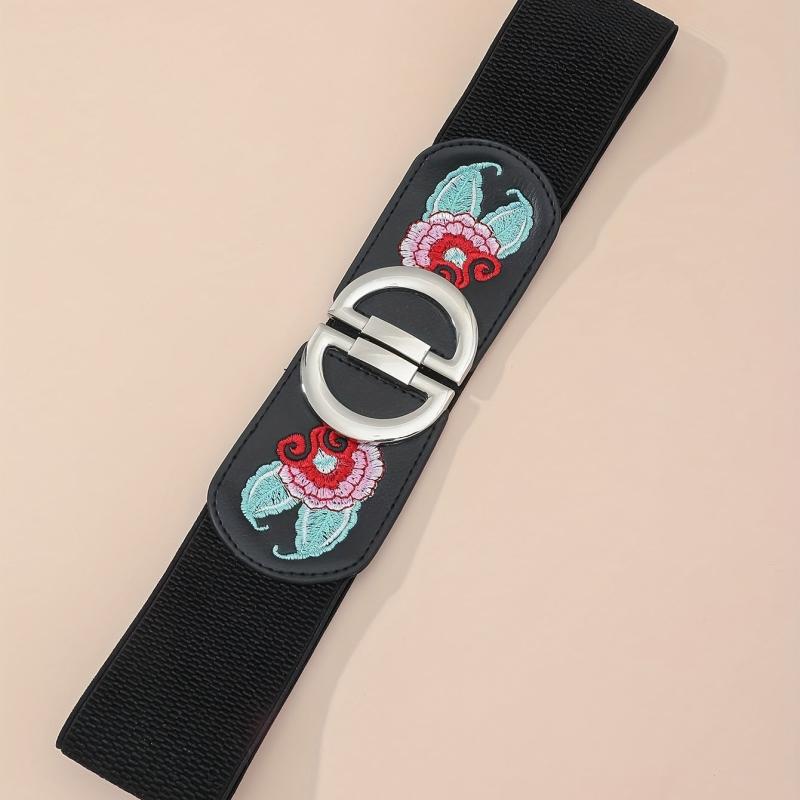 Vintage Flower Embroidery Belt Elastic Wide Waistband Dress Girdle