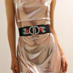 Vintage Flower Embroidery Belt Elastic Wide Waistband Dress Girdle