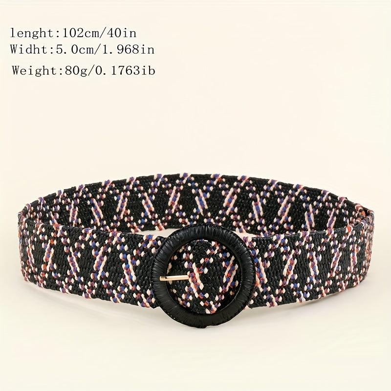 Vintage Braided Straw Belt with Round Buckle for Women