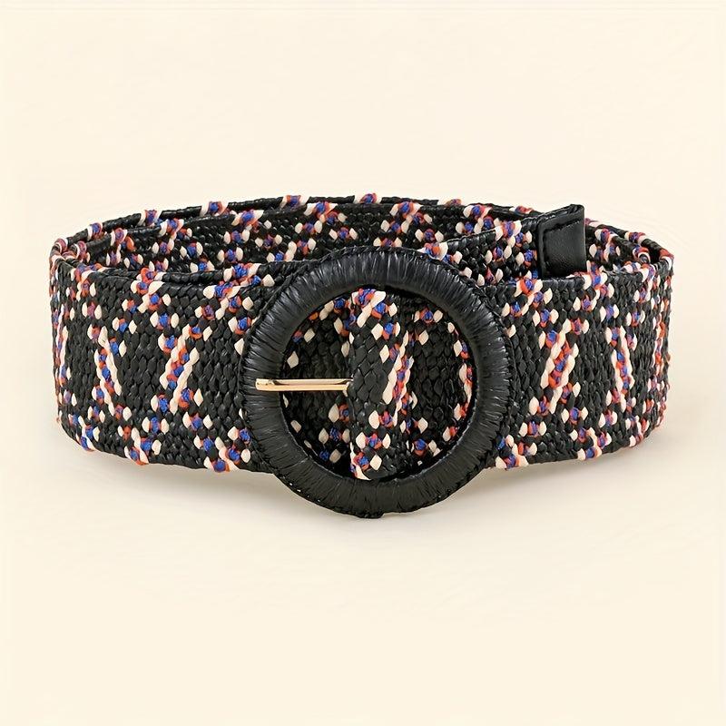 Vintage Braided Straw Belt with Round Buckle for Women