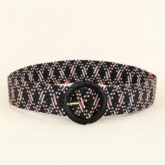 Vintage Braided Straw Belt with Round Buckle for Women