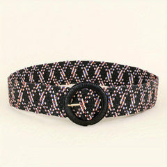 Vintage Braided Straw Belt with Round Buckle for Women