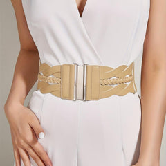 Beige Elastic PU Waistband Hollow Out Braided Wide Belt