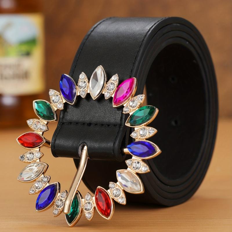 PU Leather Wide Belt Rhinestone Round Buckle Waistband Jeans Coat Girdle