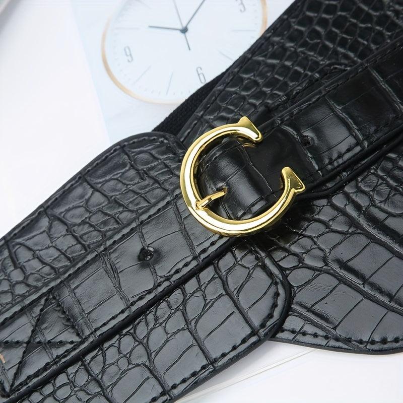 Stone Pattern Embossed PU Belt C Buckle Wide Belt Vintage Dress Coat