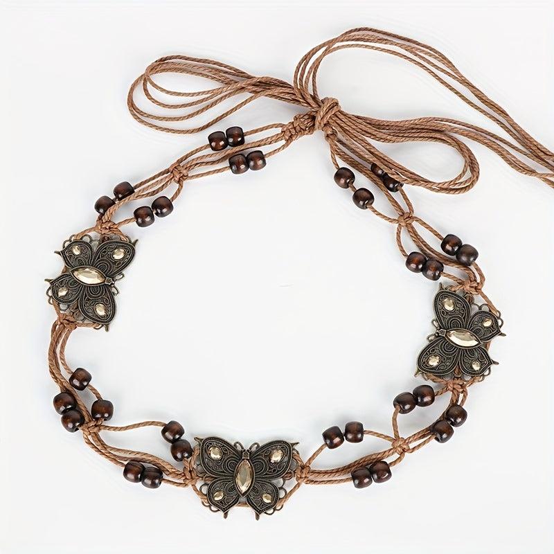 Boho Rhinestone Butterfly Belt Vintage Beaded Braided Sash Belt