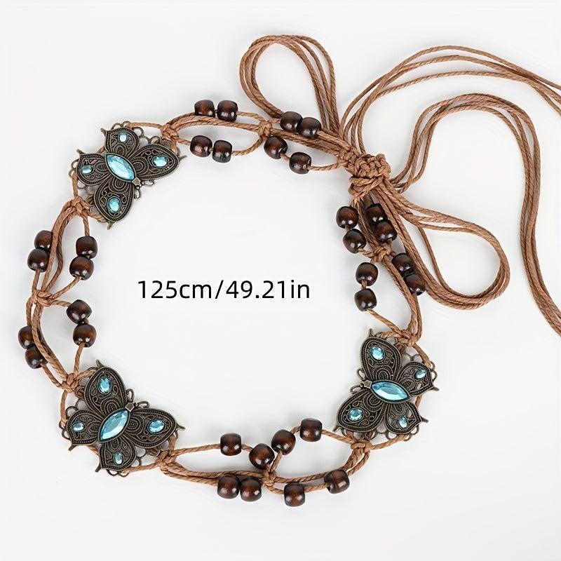Boho Rhinestone Butterfly Belt Vintage Beaded Braided Sash Belt