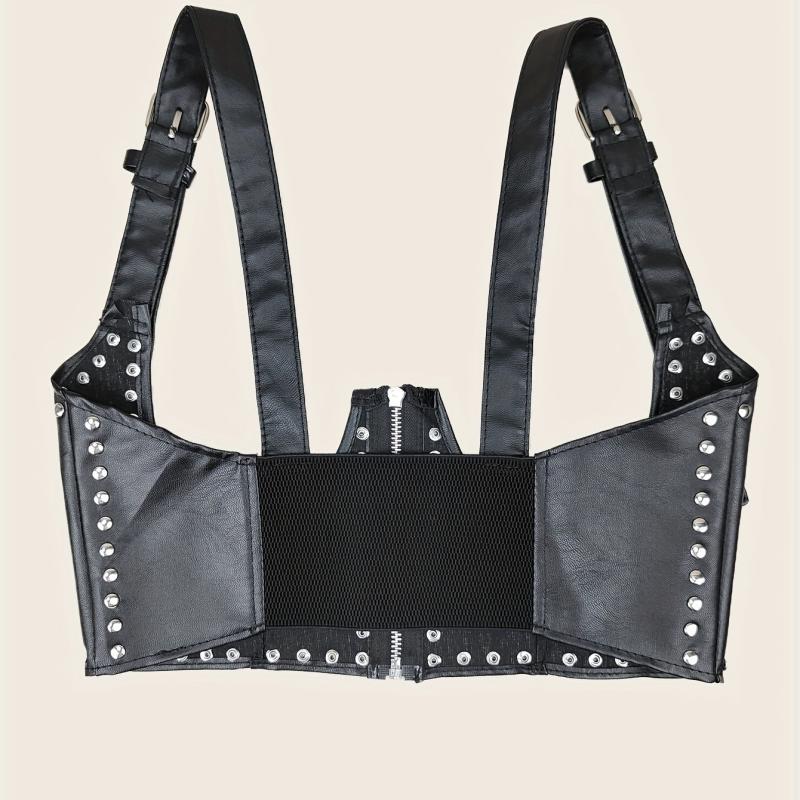Punk Rivet Zipper Body Harness Corset Belt PU Leather Underbust Waistband