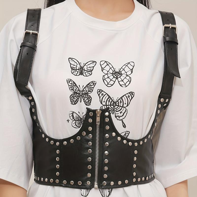 Punk Rivet Zipper Body Harness Corset Belt PU Leather Underbust Waistband