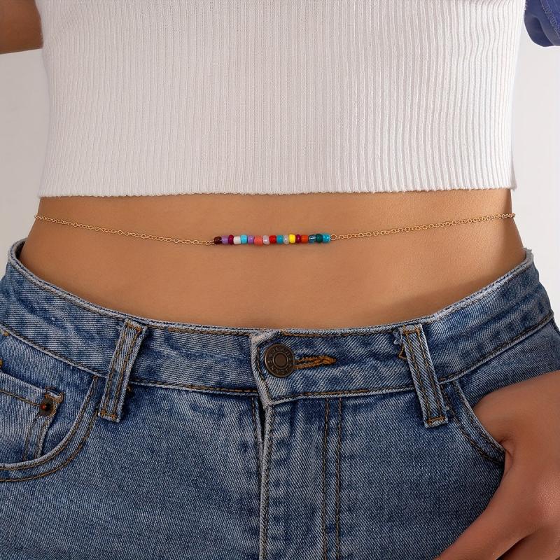 Colorful Beaded Golden Metal Belly Chain Waistband for Women