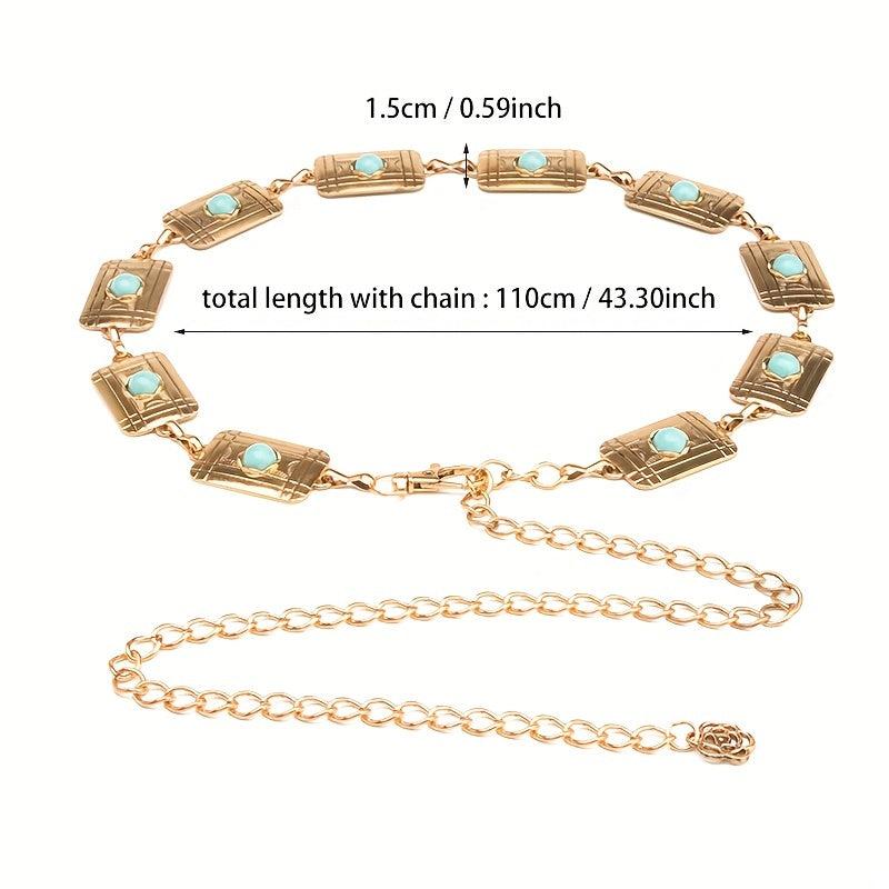 Boho Turquoise Inlay Waist Chain Golden Metal Openwork Belly Chain