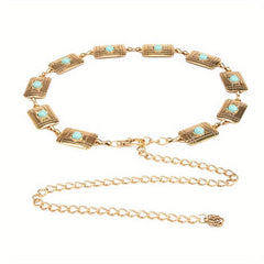 Boho Turquoise Inlay Waist Chain Golden Metal Openwork Belly Chain