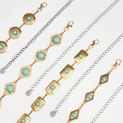 Boho Turquoise Inlay Waist Chain Golden Metal Openwork Belly Chain