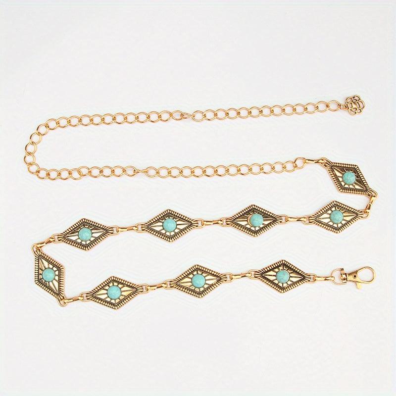 Boho Turquoise Inlay Waist Chain Golden Metal Openwork Belly Chain