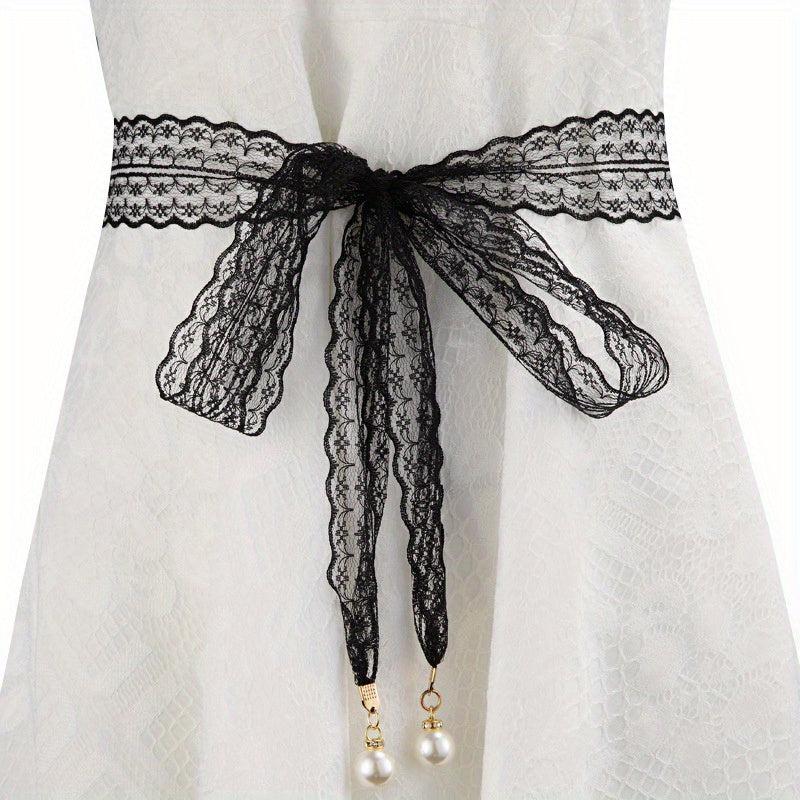 Faux Pearl Pendant Lace Girdle Sash Belt Bow Knotted Waistband Dress Girdle