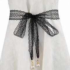 Faux Pearl Pendant Lace Girdle Sash Belt Bow Knotted Waistband Dress Girdle