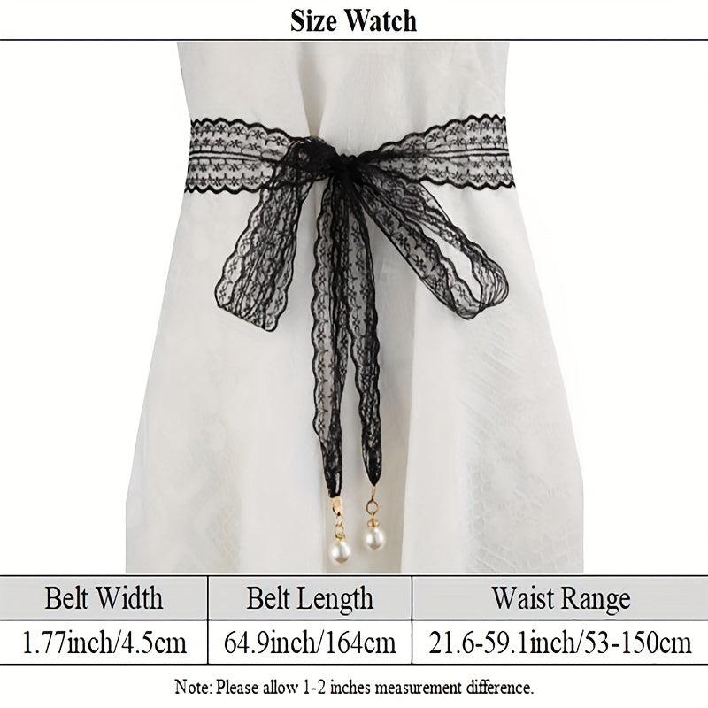 Faux Pearl Pendant Lace Girdle Sash Belt Bow Knotted Waistband Dress Girdle