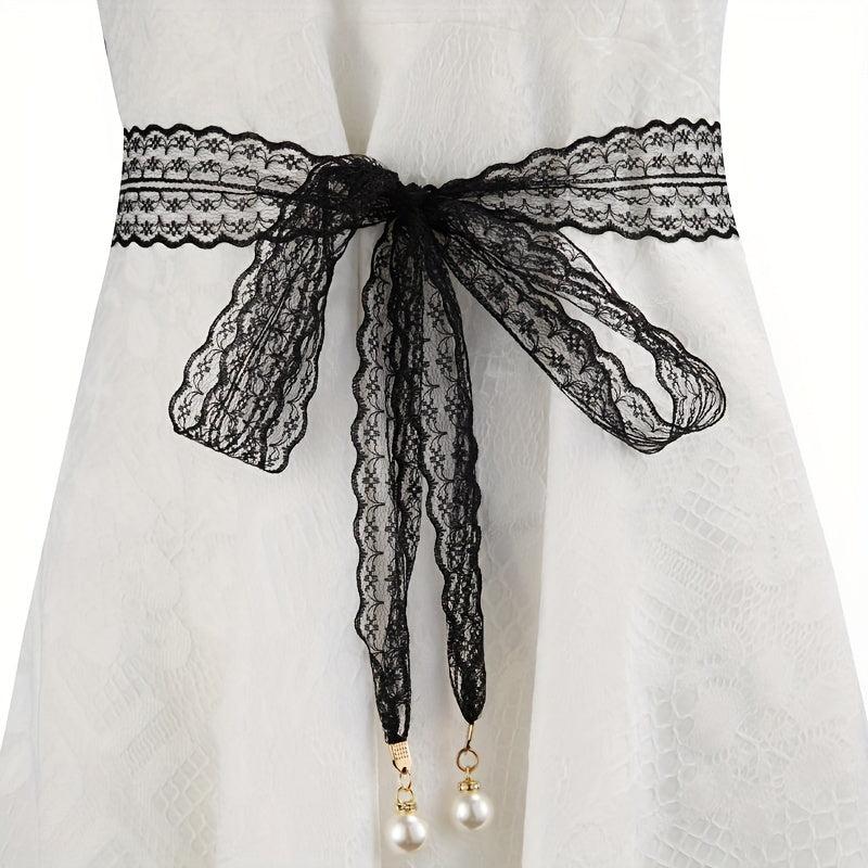 Faux Pearl Pendant Lace Girdle Sash Belt Bow Knotted Waistband Dress Girdle