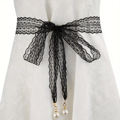Faux Pearl Pendant Lace Girdle Sash Belt Bow Knotted Waistband Dress Girdle