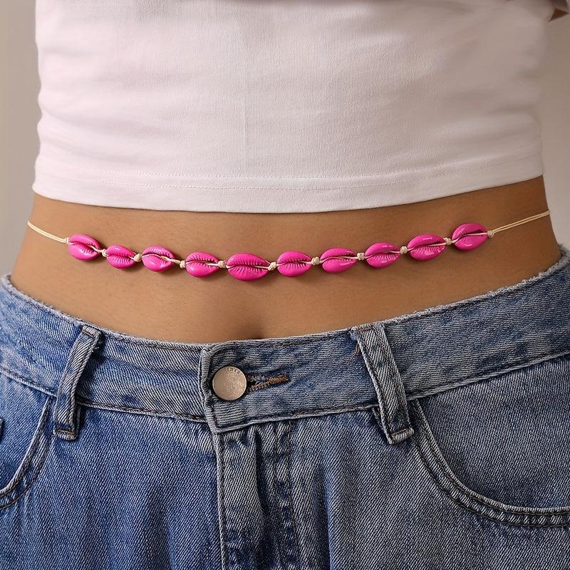 Vintage Shell Beaded Waist Chain Red Elastic Braided Waistband
