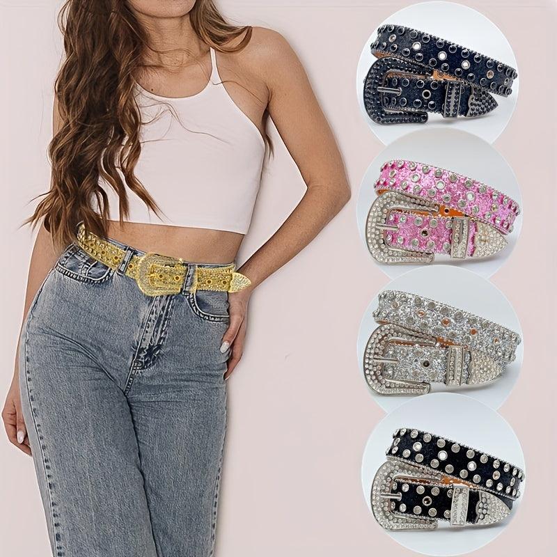 Rhinestone PU Leather Belt Y2K Glitter Hip Hop Gothic Jeans Pants Belt