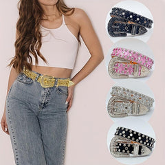Rhinestone PU Leather Belt Y2K Glitter Hip Hop Gothic Jeans Pants Belt