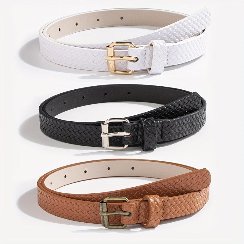 3pcs Braided Pattern PU Belt Solid Square Pin Buckle Belt Embossed Girdle